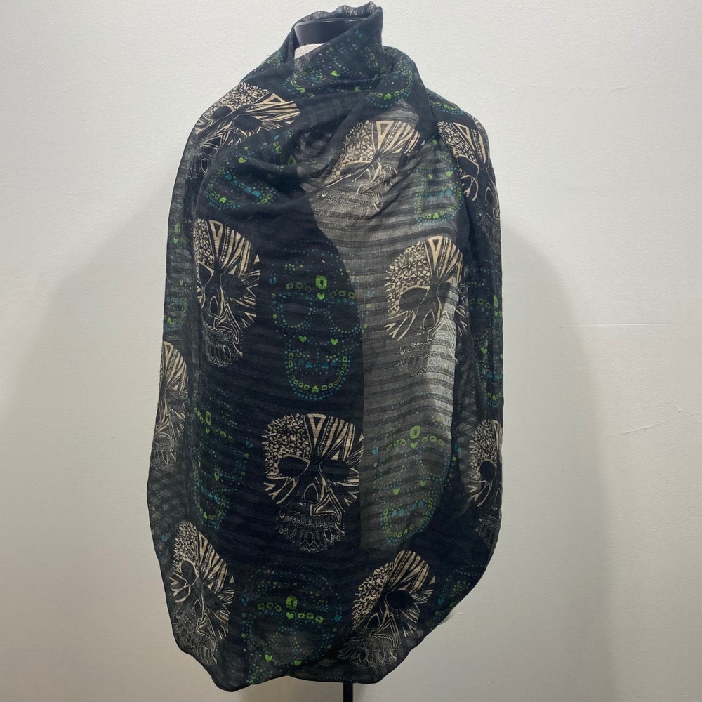 Skull Print Infinity Scarf Black Green Beige Fashionable Lightweight Edgy Wrap‎